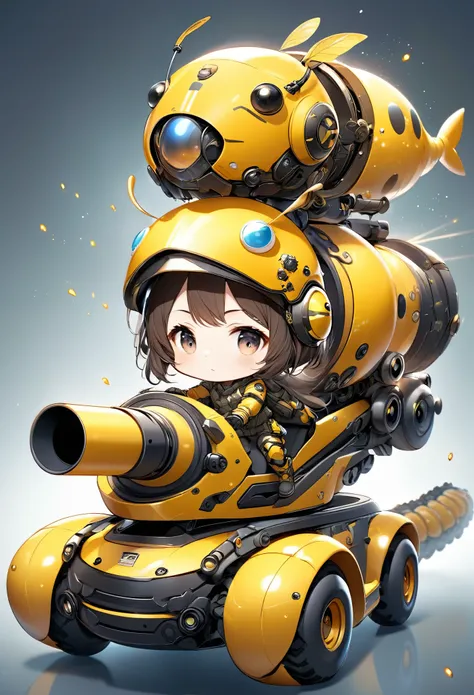 cute chibi girl soldier wearing a helmet on a vehicle made of caterpillar armor, moving forward with a 360-degree beam cannon, 2.5D, delicate and dynamic, graphic CG digital fantasy art