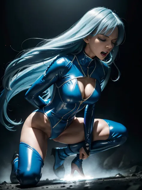 superheroine, long long gorgeous light blue hair, slender body, latex, leotard, blue and white costume, (crushed), being trampled, over dark fog, (heavy fog), dark space distorted, cruelly, (painful), helpless, (screaming in pain), eyes closed, holding on,...