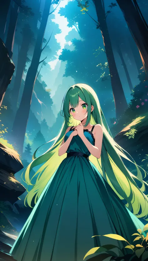 1 girl, cute girl, green hair, very long hair, Hair floating, green eyes, Thinking expression, green dress, Mysterious Forest, ((32K)), ((best quality)), ((ultra high res)), ((HDR)), ((uhd)), ((extremely detailed CG)), ((unity 32K wallpaper)), ((perfect an...