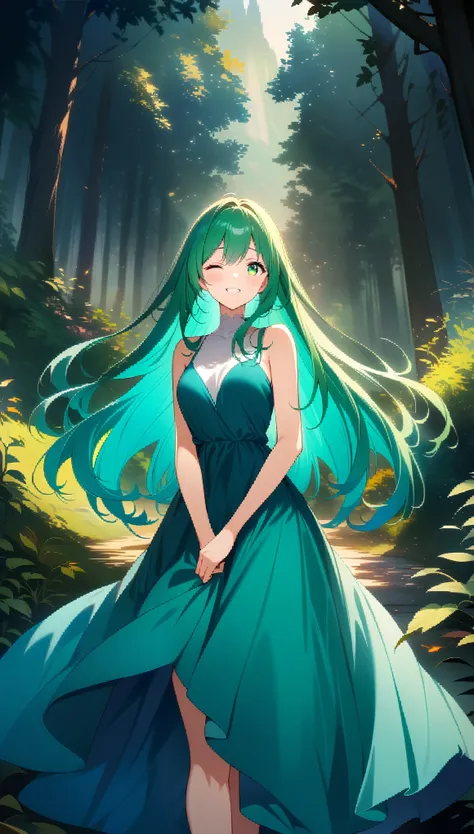 1 girl, beautiful girl, green hair, very long hair, Hair floating, green eyes, Laugh with your eyes closed, green dress, Mysterious Forest, cowboy shot, ((32K)), ((best quality)), ((ultra high res)), ((HDR)), ((uhd)), ((extremely detailed CG)), ((unity 32K...