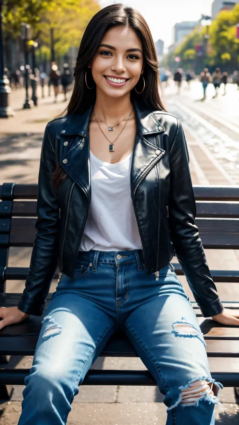 8k wallpaper, Beautiful Brazilian woman、Full body photo、Sitting on a park bench、、leather jacket、shirt、Skinny jeans、sneakers、Necklace around the neck、 、ear piercing、smile、Beautiful teeth alignment、Background is raining
