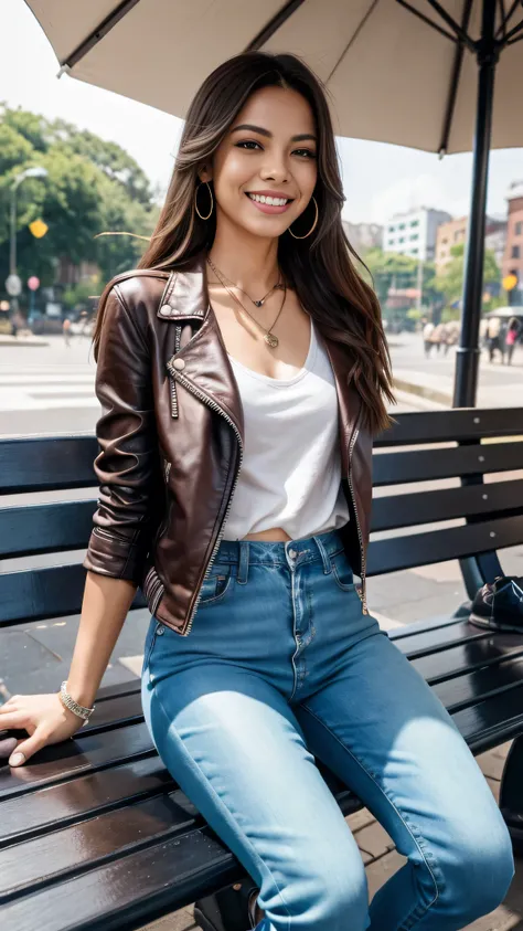 8k wallpaper, Beautiful Brazilian woman、Full body photo、Sitting on a park bench、、leather jacket、shirt、Skinny jeans、sneakers、Necklace around the neck、 、ear piercing、smile、Beautiful teeth alignment、Background is raining
