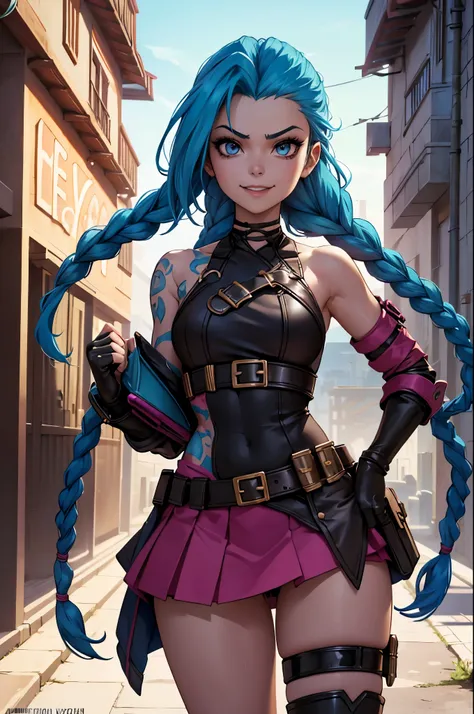 Jhinx, arcane, Jhinx character from League of Legends, long neon blue hair in braids, Perfect medium breasts, scantily clad, underwear, Sex Woman, perfect hands, double hair braids, Braided hair, Minipistola, Juxtaposition of light& shadow, moody, intense,...