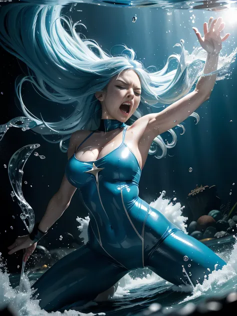 superheroine, long long gorgeous light blue hair, slender body, latex, leotard, blue and white costume, (crushed), over dark water, (heavy water), dark undersea distorted, water be raging, waterhits like bullet, attacked by water bomb, cruelly, (painful), ...