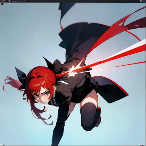 masterpiece, top quality, ultra detailed, Hyperreal, 16 thousand., a high resolution, girl with red hair and two ponytails, black and white woolen hat, Riruka from anime bleach, wearing a black dress with a white center, black thigh high stockings, Tsunder...