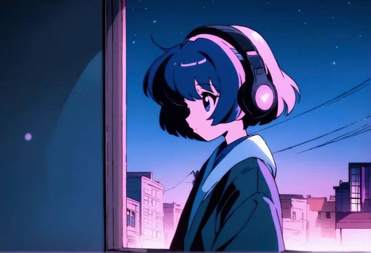 Anime girl wearing headphones looking out the window at the city, Lo-fi Girl, Anime atmosphere, Lofi Artstyle, Anime Style 4k, Anime Aesthetics, Nightcore, Lo-fi feeling, Lofi Art, anime art wallpaper 4k, anime art wallpaper 4k, anime wallpaper 4k, anime w...