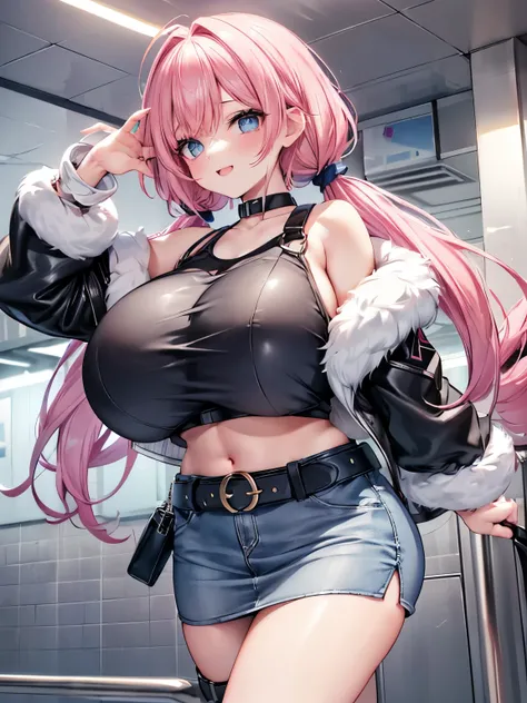 Best Quality,Detailed and cute eyes,Very cute face,(Solo Girl),(gigantic breasts:1.5),(Pink hair),(low twintails:1.4),Scrunchie,(Big light blue eyes),A very happy smile,Open your mouth wide,View Viewer,BREAK,(O-ring crop top,Underboob,Wear a short leather ...