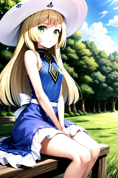 1 girl, masterpiece, (detailed background), Best Quality, absurdities, looking at the viewer,
forest path, field, grass, dirt road, wooden fence, blue sky, clouds, (sakura trees), sleeveless, exposed shoulders,
lilia, White dress, white sun hat, white ribb...