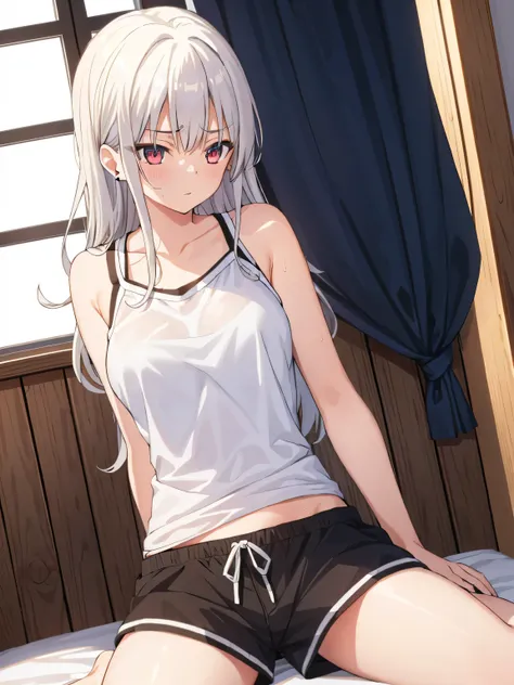 1 girl, , solitary, , black_shorts, nipple play_,red_eye, shorts, felling, white_hair, double tail, redeye mirror, hair_decorate...