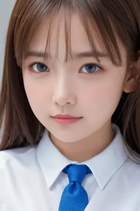 (8k、masterpiece, Highest quality, High resolution,Super Resolution,Very detailed)、1 girl、(12 years old)、Round face、slim、(Flat Body:1.45)、cute、 (Close up face shot:1.23)、White shirt and blue tie、Fantasy、、(Chiaroscuro:1.3)、