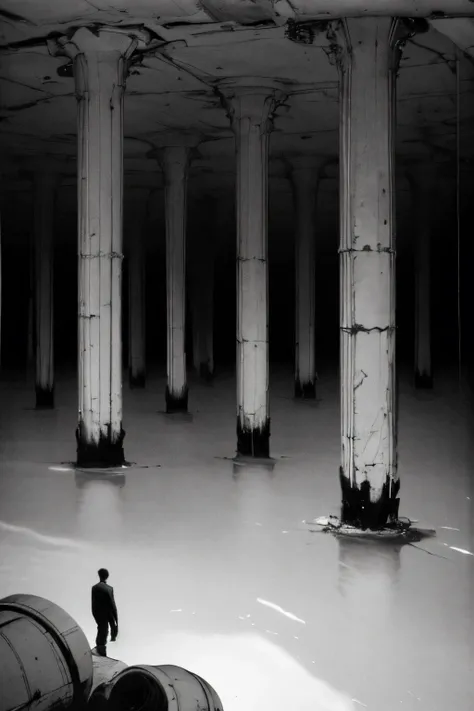 man looking at an endless underground ocean full of pillars extending all the way to the darkness, black and white