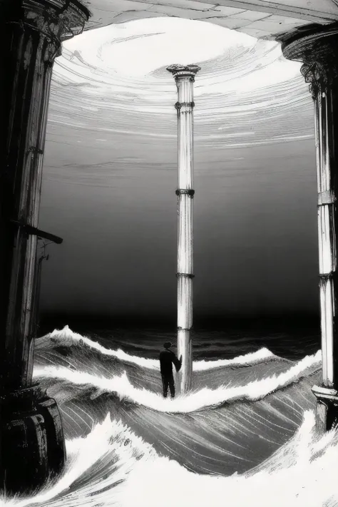 man looking at an endless underground ocean full of pillars extending all the way to the darkness, strong waves clash against the base of the pillars, black and white