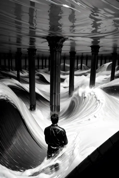 man looking at an endless underground ocean full of pillars extending all the way to the darkness, strong waves clash against th...