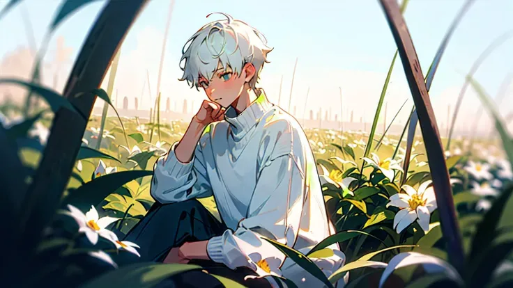 (masterpiece, best quality), Sitting in a field of green plants and flowers ((A boy with short white hair)), Her hand is under her chin., warm lighting, white sweater, short, blurry view,