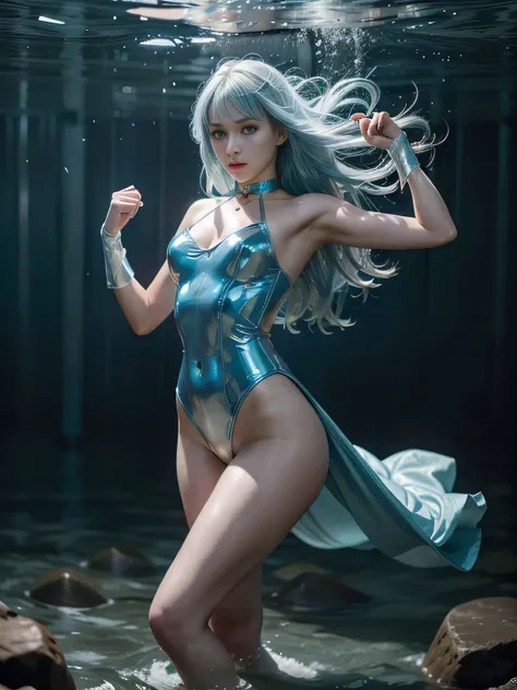 superheroine, long long gorgeous light blue hair, slender body, latex, leotard, blue and white costume, battles, bravery, (cool action), (fighting pose), choker, under water, hair blowing, on the sea