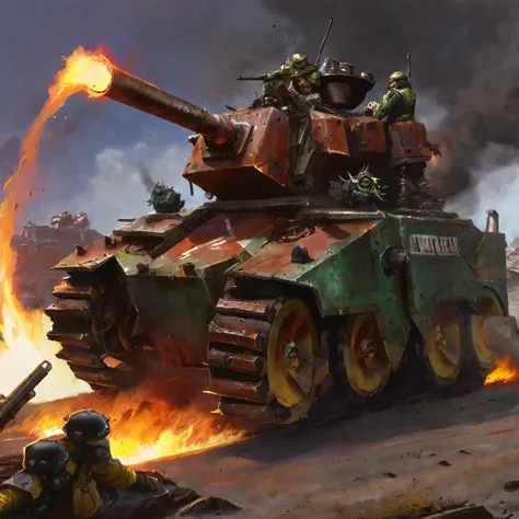 a heavily armored Ork tank, scrap metal, made of junk, insane paint job, 2 huge turrets, flames shooting out exhaust, painting of Mork, Warhammer 40k, post-apocalyptic, war-torn planet, dystopian, gritty, weathered, battle-scarred, weathered metal, battle-...