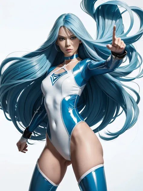 superheroine, long long gorgeous light blue hair, slender body, latex, leotard, blue and white costume, battles, bravery, ((cool action)), ((fighting pose)), choker, hair blowing, enemy is back, looking back, from front view, white background