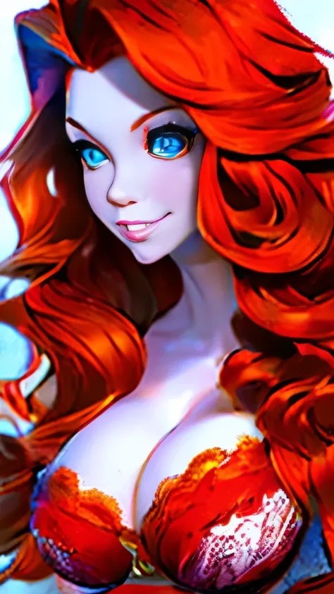 a close up of a woman with red hair and a red and white floral satin bra top, amouranth, better known as amouranth, amouranth as a super villain, young beautiful amouranth, ginger wavy hair, long wavy orange hair, orange glowing hair, orange skin and long ...