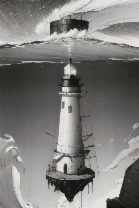 a lighthouse suspended in a platform above wild ocean waters in the darkness, black and white