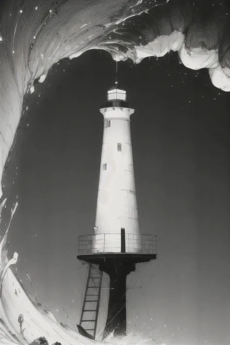 A lighthouse on top of a suspended platform above wild ocean waters in the darkness, black and white