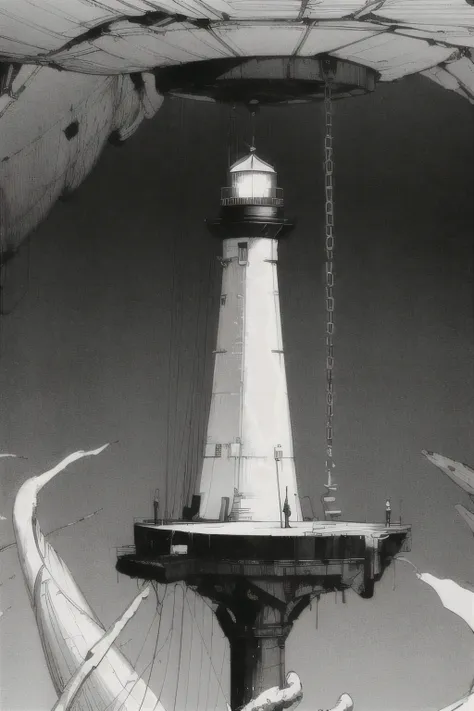 A lighthouse on top of a suspended platform above wild ocean waters in the darkness, black and white