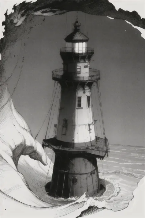 a lighthouse on top of a suspended platform above wild ocean waters in the darkness, black and white