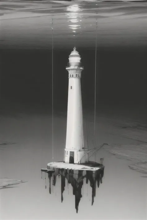 A distorted lighthouse on top of a suspended platform above wild ocean waters in the darkness, black and white