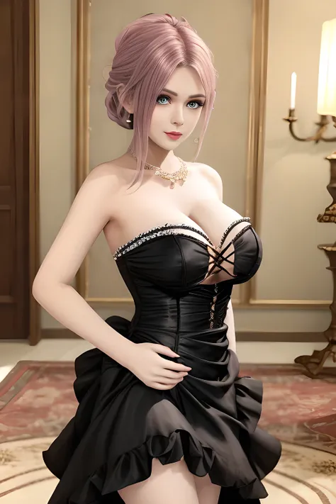 1girl is wearing an elegant black strapless dress. The perspective-dress is beautifully designed with ruching on the bodice and a cascading ruffled asymmetrical hem, adding a playful and chic touch to the outfit. The person is standing upright, with one ha...