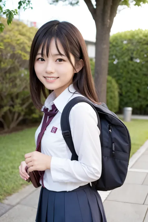 smiling, cute japanese woman, school uniform, Historical Exploration, Ruck sack