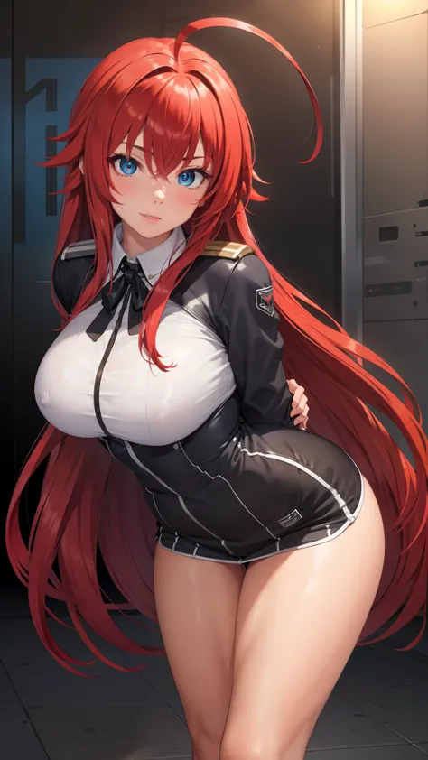 rias gremory, 1girl, long hair, red hair, ahoge, blue eyes, large breasts, very long hair, breasts,huge ahoge,
BREAK (pilot suit:1.2)
BREAK looking at viewer,standing, leaning forward, (arms behind back:1.2),
BREAK indoors,
BREAK (masterpiece:1.2), best qu...