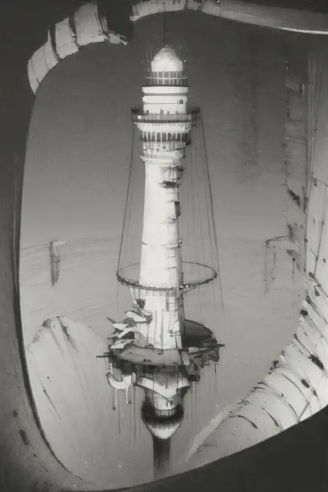 A distorted lighthouse on top of a suspended platform above wild ocean waters in the darkness, black and white