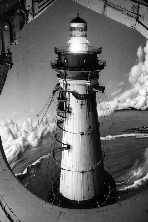 a distorted lighthouse on top of a suspended platform above wild ocean waters in the darkness, black and white