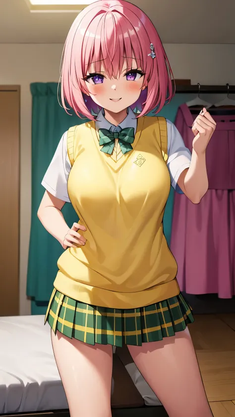 8k,Highest,quality,(highest quality:1.1), (masterpiece:1.4), (Confused:1.0), 
1 girl, Momo Deviluke, hair ornaments, Bobcut, Short Hair Pink Hair, Purple eyes, Large Breasts, green skirt, Plaid, Plaid skirt, sainan high school uniform, skirt, Sweater vest,...