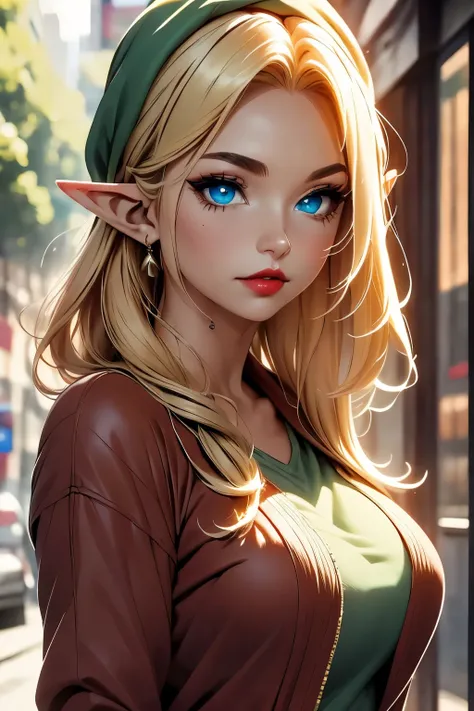 Zelda, elf, CG 8k ultra-realista, beautiful woman, seductive eyes, make-up, red lips, casual clothes