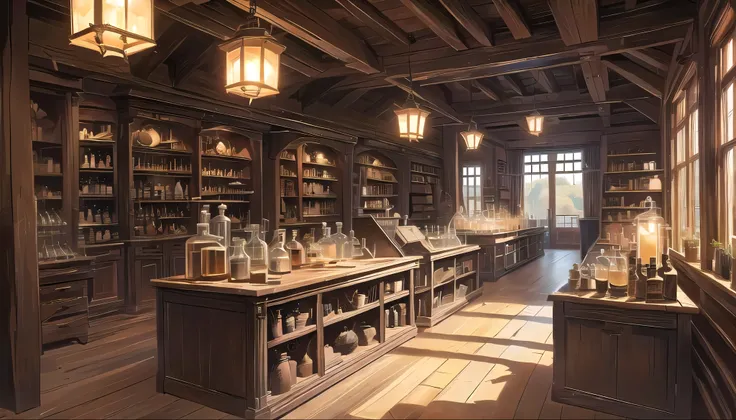 Magic shop, large hall, large table, wand, flask, colorful liquids, distillation, distillation equipment, coffee cup, mysterious atmosphere, open air, light from large windows, wooden structure, wizards clerk, wizard girl holding a cane, small animals, bri...