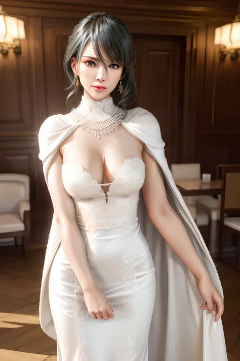 A lady with extraordinary temperament, she stands in a modern indoor space, as if she is a model from a fashion magazine. She is wearing a (pure white long fur cape), the softness and luster of which makes her look more noble under the light, and complemen...