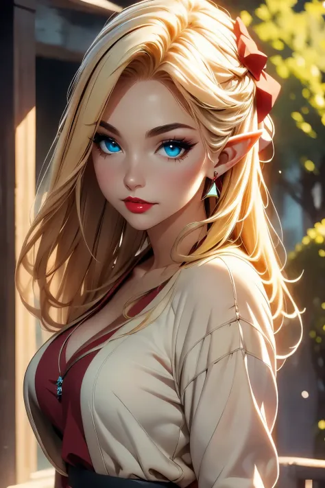 Zelda, elf, CG 8k ultra-realista, beautiful woman, seductive eyes, make-up, red lips, casual clothes