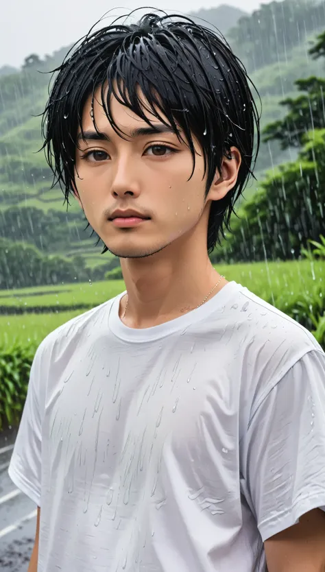 white t-shirt、male、24-years-old、background、japanese、black hair、bobcut、upper body、close-up of face、rain、japanese countryside。