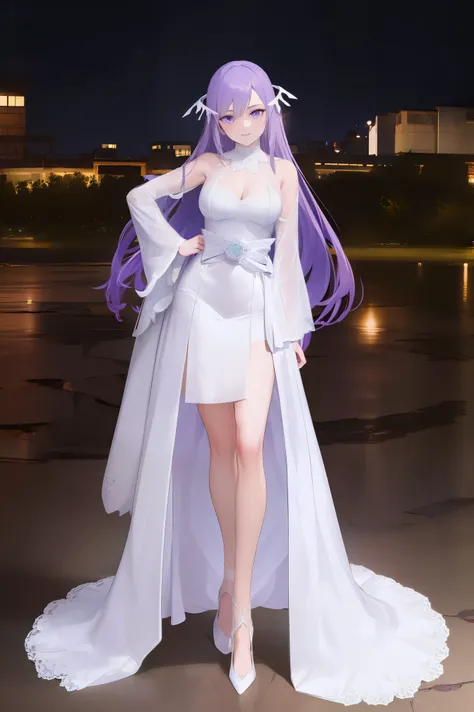 quinella, quinella, absurdly long hair, (purple eyes:1.1), long hair, parted bangs, purple hair, very long hair, hair ornament,medium breast,
BREAK (transparent tulle wedding dress with long sleeve and long tail:1.2),
BREAK (Night:1.7), Japan, cyberpunk, C...