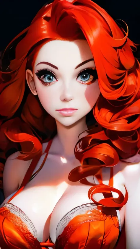 a close up of a woman with red hair and a red and white floral satin bra top, amouranth, better known as amouranth, amouranth as a super villain, young beautiful amouranth, ginger wavy hair, long wavy orange hair, orange glowing hair, orange skin and long ...