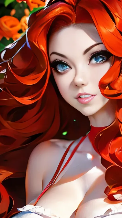 a close up of a woman with red hair and a red and white floral satin bra top, amouranth, better known as amouranth, amouranth as a super villain, young beautiful amouranth, ginger wavy hair, long wavy orange hair, orange glowing hair, orange skin and long ...