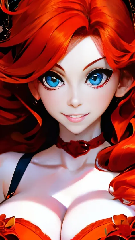 a close up of a woman with red hair and a red and white floral satin bra top, amouranth, better known as amouranth, amouranth as a super villain, young beautiful amouranth, ginger wavy hair, long wavy orange hair, orange glowing hair, orange skin and long ...