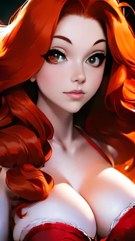 a close up of a woman with red hair and a red and white floral satin bra top, amouranth, better known as amouranth, amouranth as a super villain, young beautiful amouranth, ginger wavy hair, long wavy orange hair, orange glowing hair, orange skin and long ...