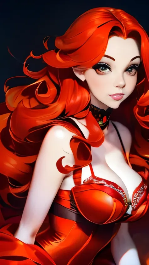 a woman with red hair and a red and white floral satin bra top, amouranth, better known as amouranth, amouranth as a super villain, young beautiful amouranth, ginger wavy hair, long wavy orange hair, orange glowing hair, orange skin and long fiery hair, fl...