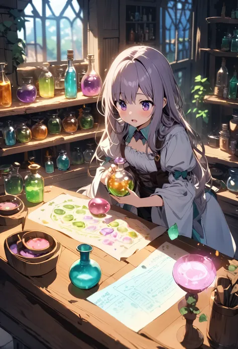 there is a young girl standing in front of a table., magical laboratory setting, she is in the potions workshop, wizard&#39;s la...