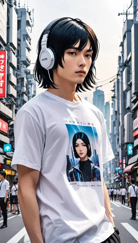 White T-shirt、male、24-years-old、background、Japanese、Black Hair、Long bob cut、Upper Body、Close-up of face、Headphones of the future、Future City。