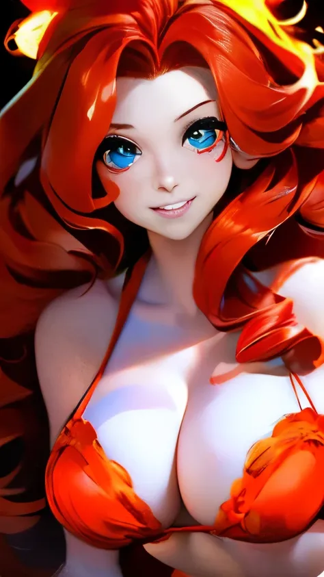 a woman with red hair and a red and white floral satin bra top, amouranth, better known as amouranth, amouranth as a super villain, young beautiful amouranth, ginger wavy hair, long wavy orange hair, orange glowing hair, orange skin and long fiery hair, fl...