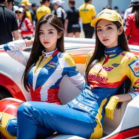 super detailed photos、detailed face、cool woman、colorful costumes、f1 driver cosplay、colorful costumes、clothing with company logo、...