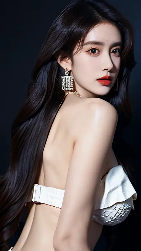 Ultra HD resolution,artistic photos,Photography,21year girl,earrings,long hair,Black background,Black backless dress,necklace,cowboy shot,H cup,Showing cleavage,Expose more breasts,Amazing breast size,Erect nipples,Expose the areola,Bigger breasts,Smooth a...
