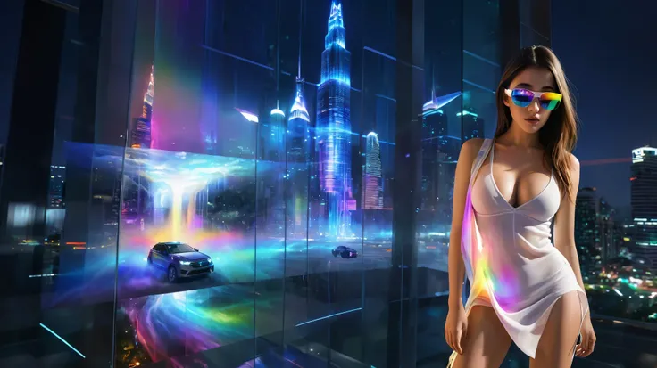 Estilo: arte conceitual. A cena: Futuristic cityscapes with colorful all-glass towering skyscrapers, sleek aerodynamic vehicles speeding through the air, rainbow colors waterfalls. High-resolution OLED GUI interfaces in the building, The windows are filled...